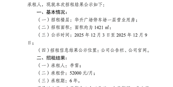 华升广场停车场营业用房公开招租结果公示